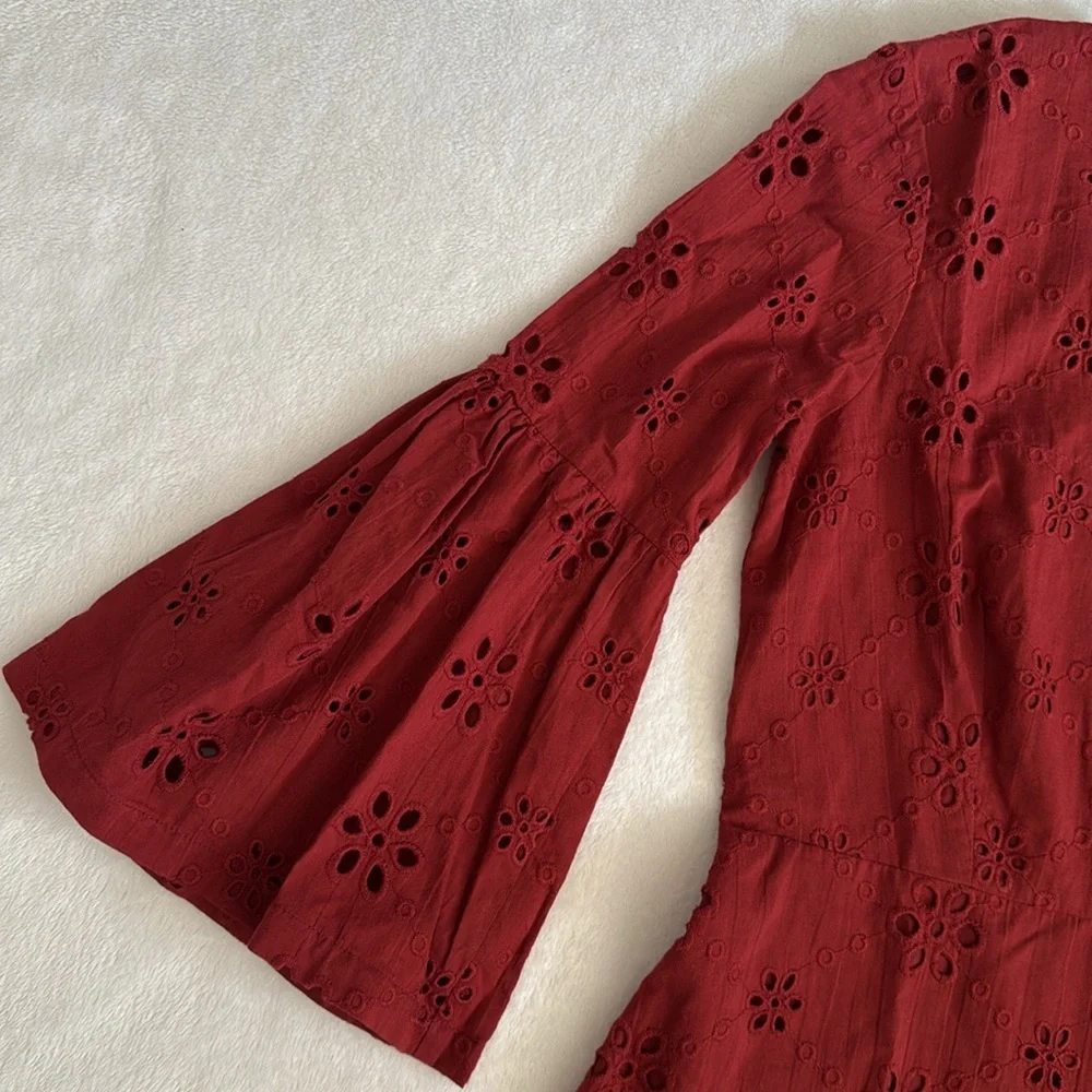 Beyond by Vera | 1891 Victoria Embroidered Eyelet Lace Bell Sleeve Dress Red (M) - Picture 5 of 16